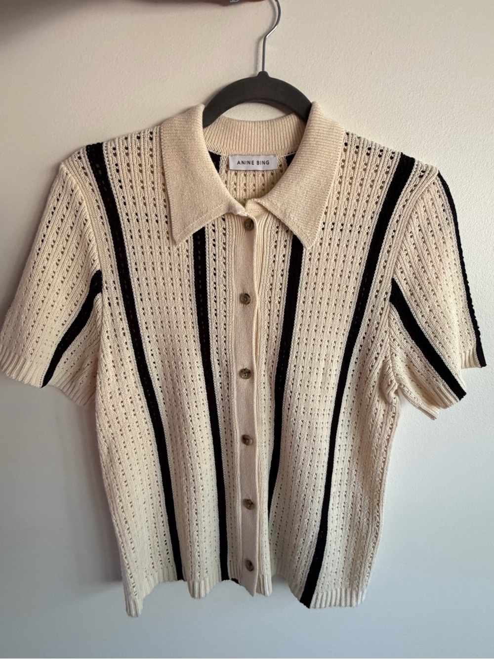 Anine Bing Cream and Black Striped Knit Button-Down Polo